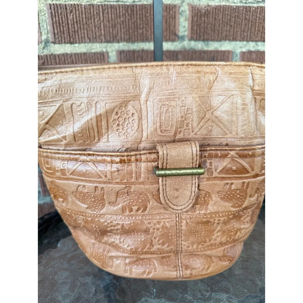 Vintage Tan Embossed Leather Elephant Tribal Crossbody Bucket Bag